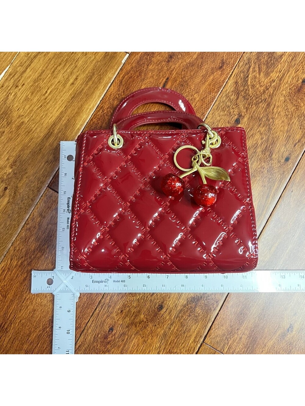 Deep Red Patent Quilted Top Handle Bag Cherry Bag Charm Lady Style Mini Purse - Picture 5 of 7